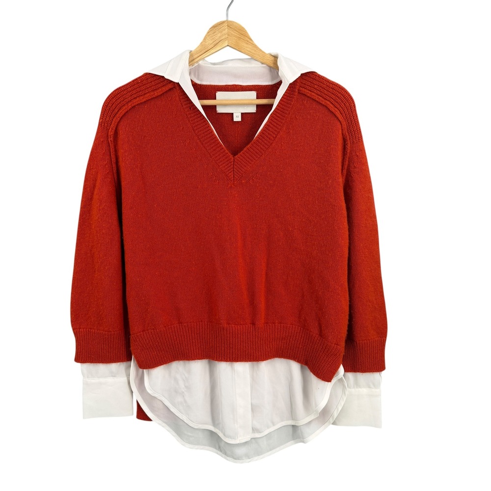 Brochu Walker XS Orange Wool Cashmere Layered‎ V-Neck Sweater Looker Small Hole
